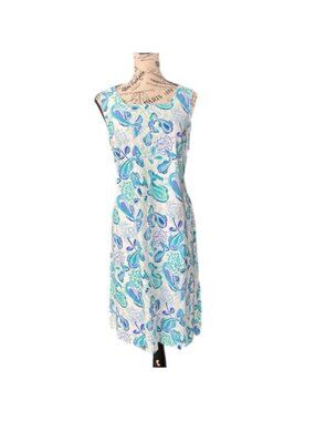 Sleeveless White Dress with Blue & Aqua Paisley Print